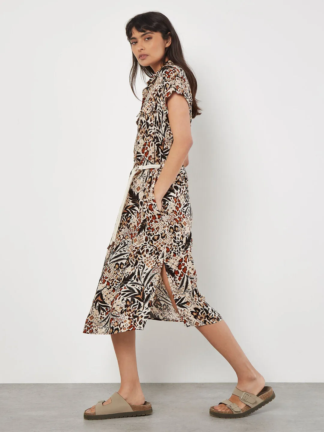 Ap 832909 Mixed Animal Print Shirt Midi Dress