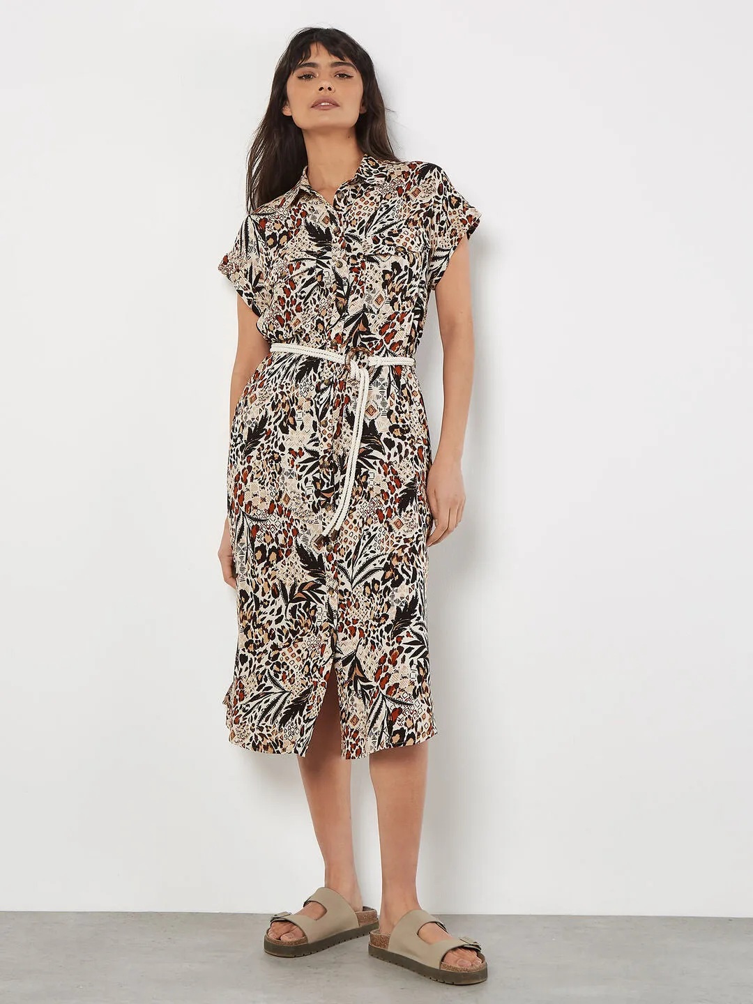 Ap 832909 Mixed Animal Print Shirt Midi Dress