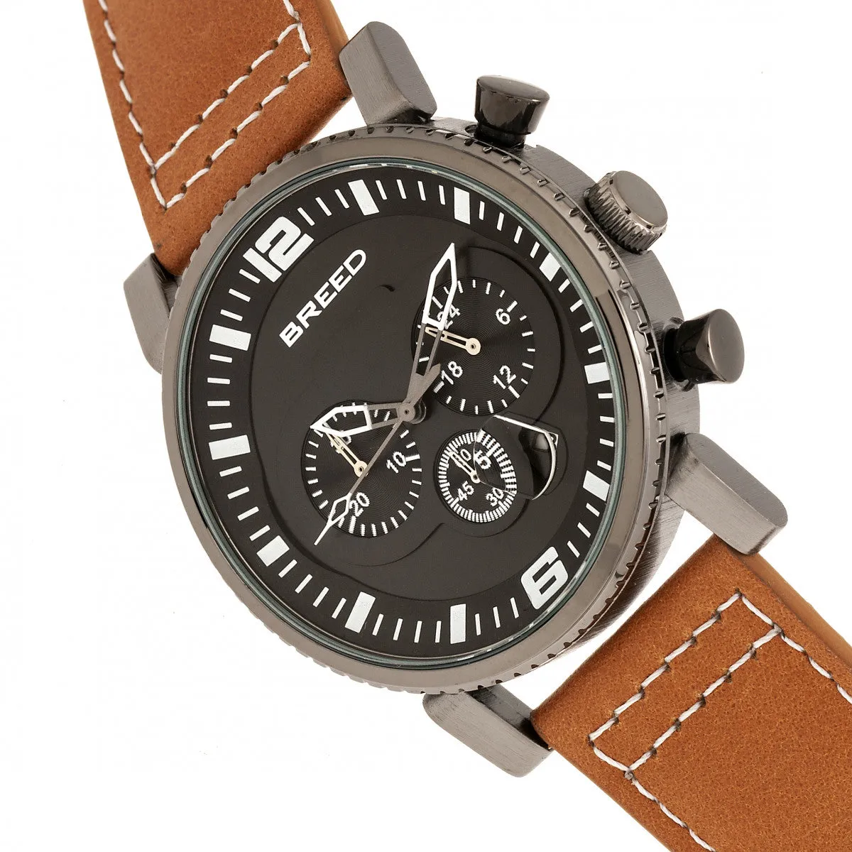 Breed Ryker Chronograph Leather-Band Watch w/Date - Camel/Gunmetal