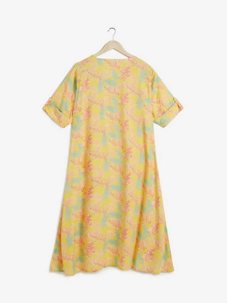 Diza Curves Yellow Leaf Print High-Low Kurta