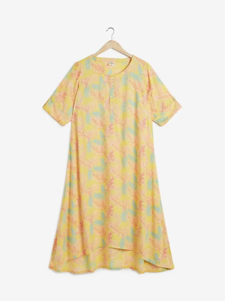 Diza Curves Yellow Leaf Print High-Low Kurta