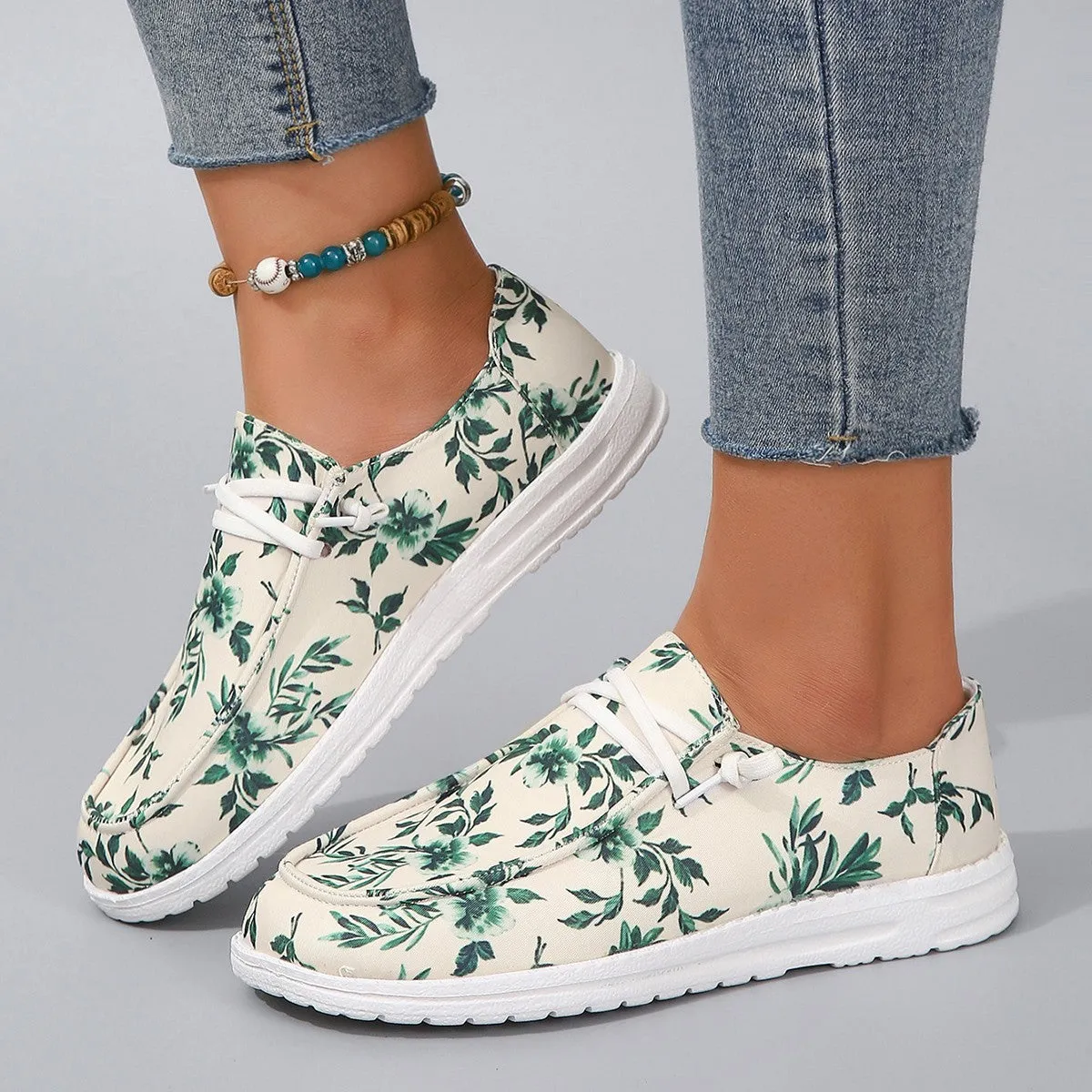 Floral Round Toe Flat Sneakers