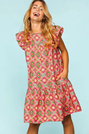 Full Size Ruffled Printed Dress with Side Pockets