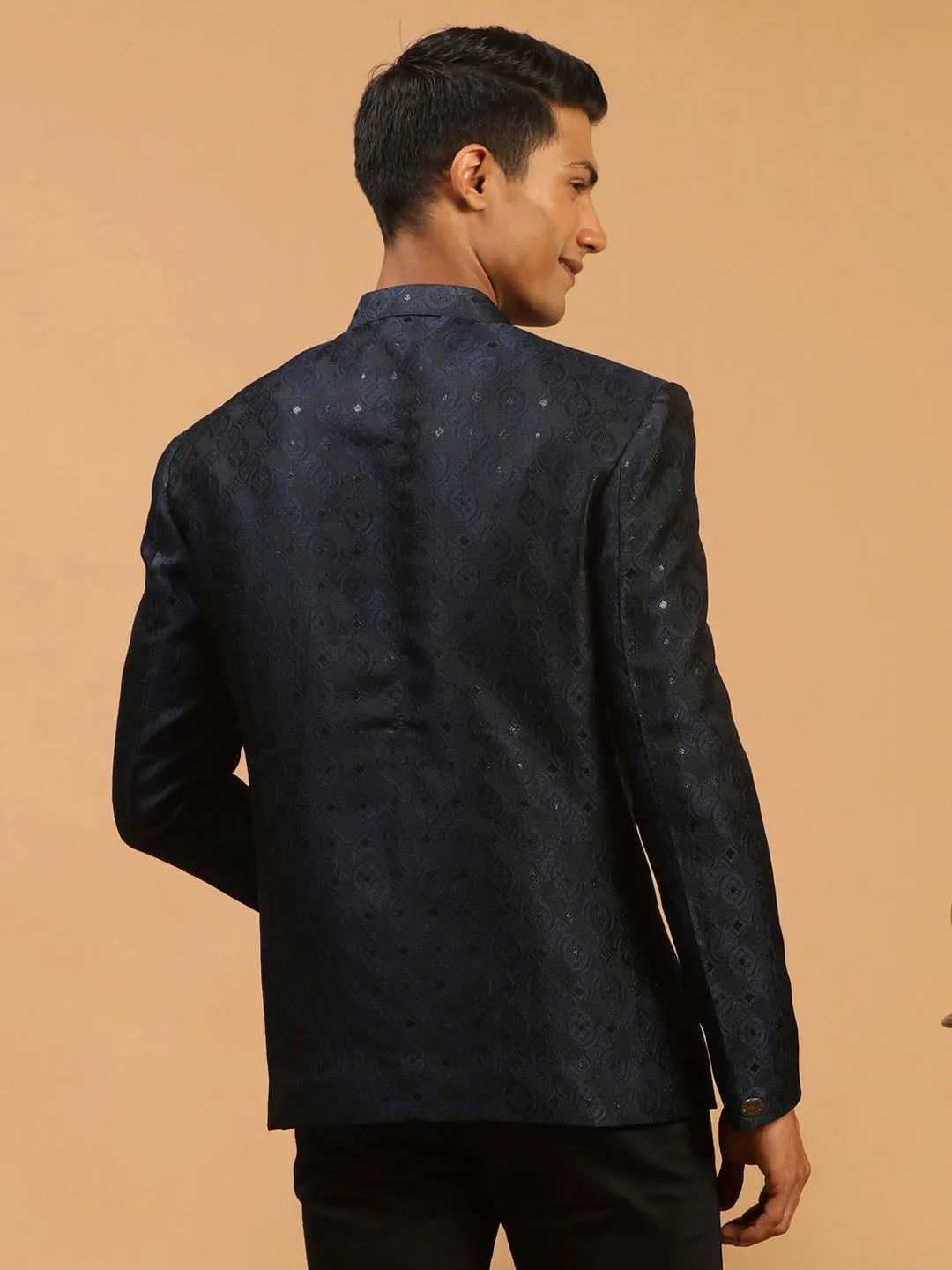 Jashvi Men's Navy Blue Silk Blend Jaccard Jodhpuri