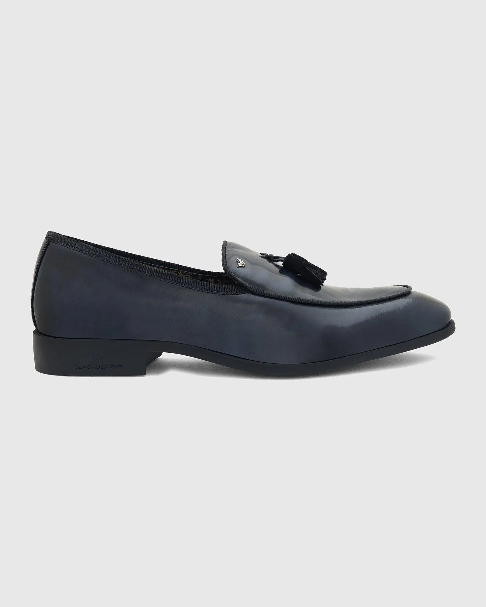 Leather Deep Navy Solid Slip On Shoes - Rubber