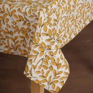 MODERN RETRO – Mustard yellow cotton table cloth with leaf print