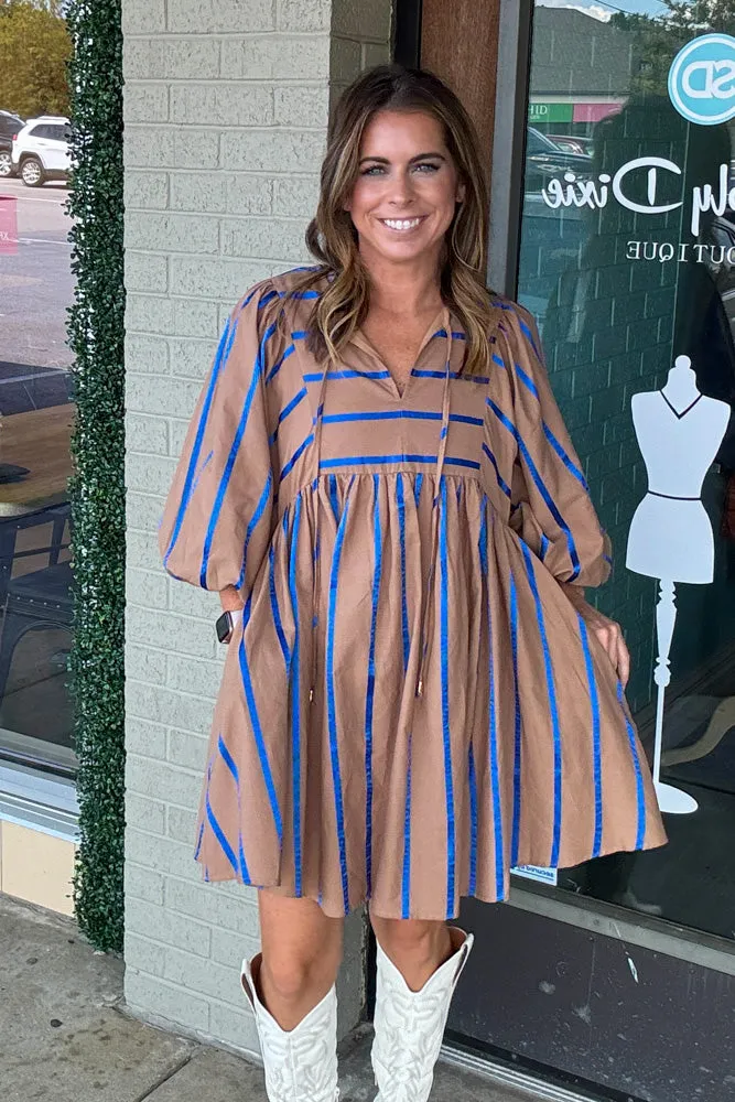 Ribbon Striped Babydoll Dress-Mocha/Blue