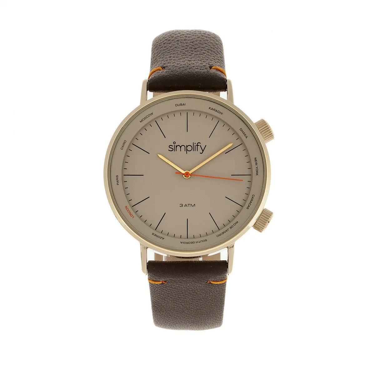 Simplify The 3300 Leather-Band Watch - Dark Brown/Gold