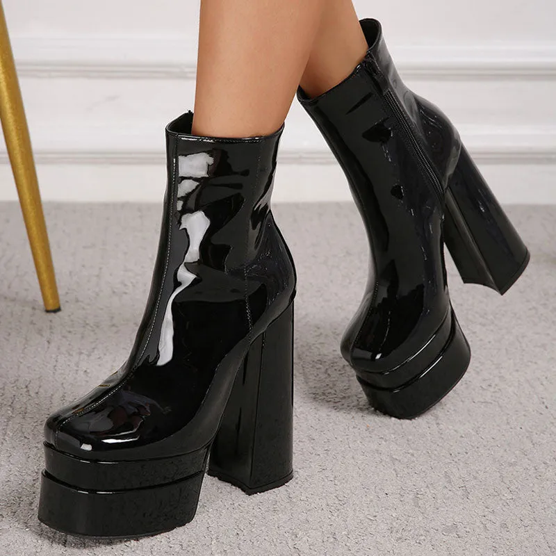 Striking Patent Leather Chunky High Heel Platform Ankle Boots - Black