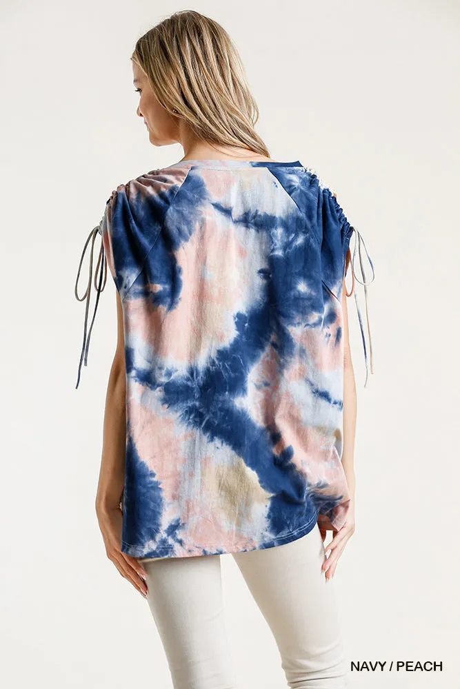 Tie Dye Cinched Sleeve Top, Navy /Peach