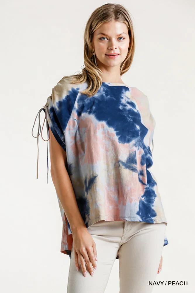 Tie Dye Cinched Sleeve Top, Navy /Peach