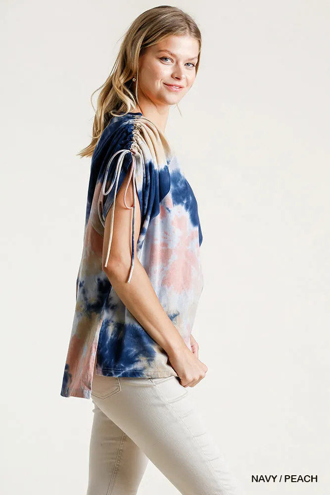 Tie Dye Cinched Sleeve Top, Navy /Peach