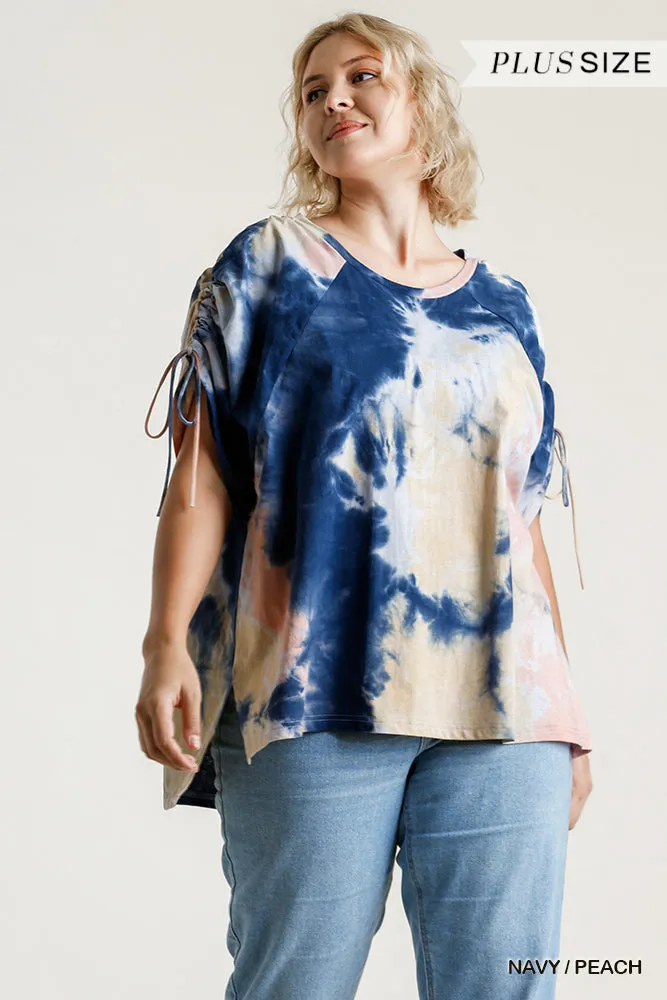 Tie Dye Cinched Sleeve Top, Navy /Peach