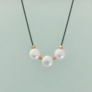 Triple Coin Pearl Necklace with MLD 14K Yellow Gold Beads on Black