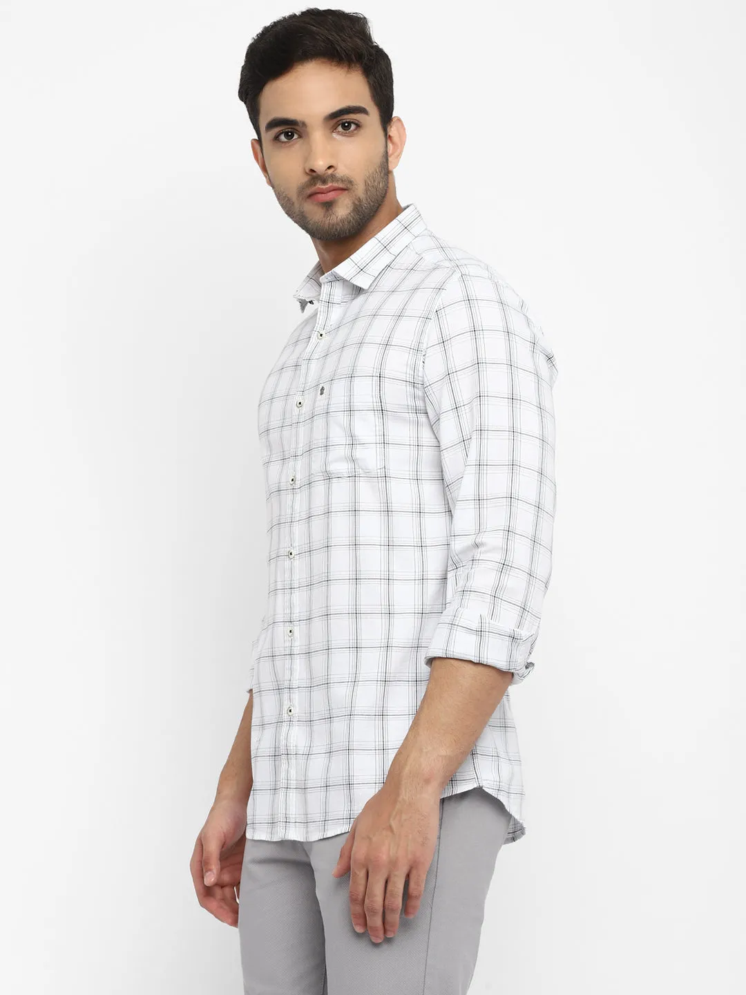 White Cotton Checked Slim Fit Casual Shirt