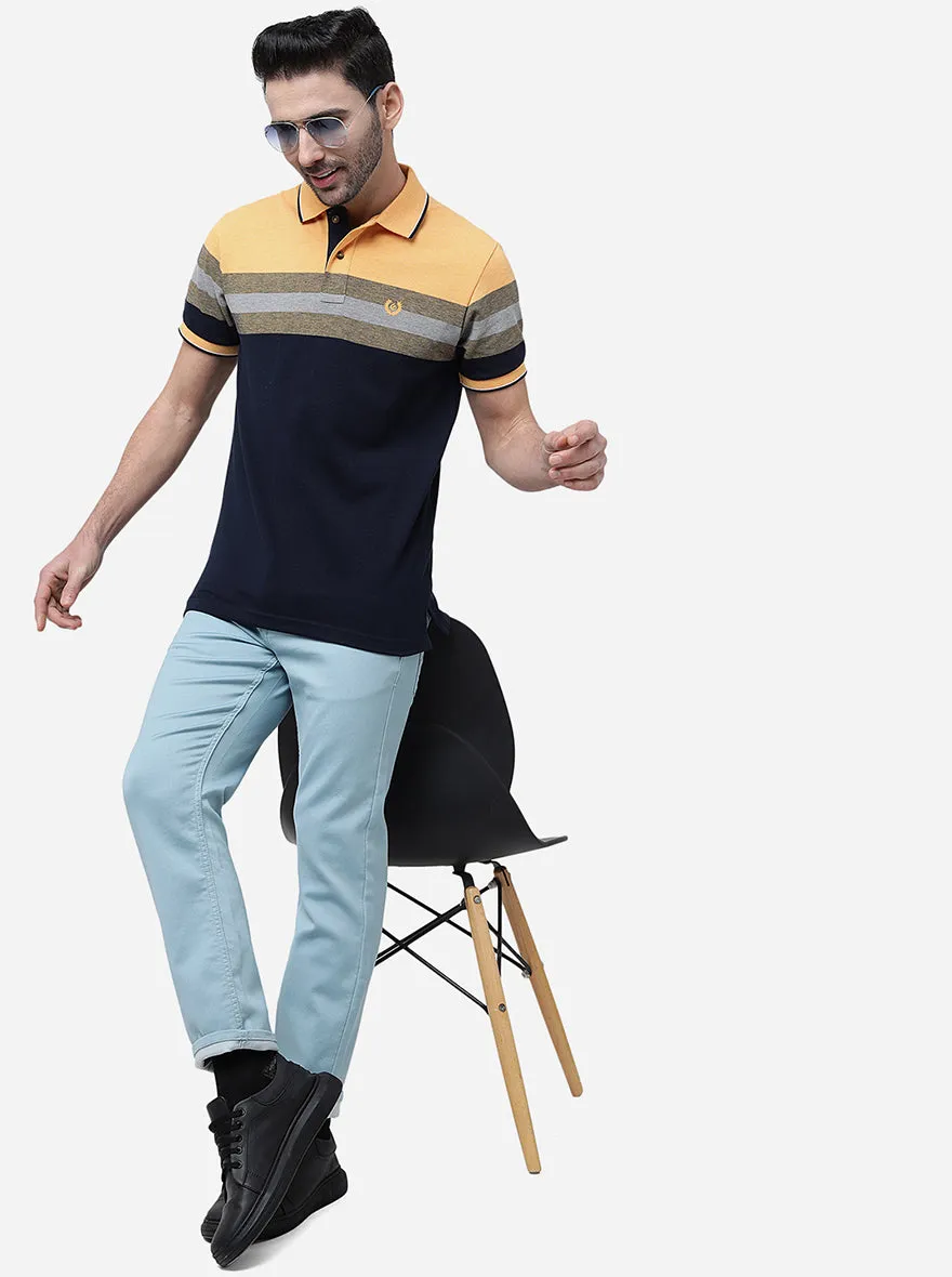 Yellow & Grey Striped Slim Fit Polo T-Shirt | Greenfibre